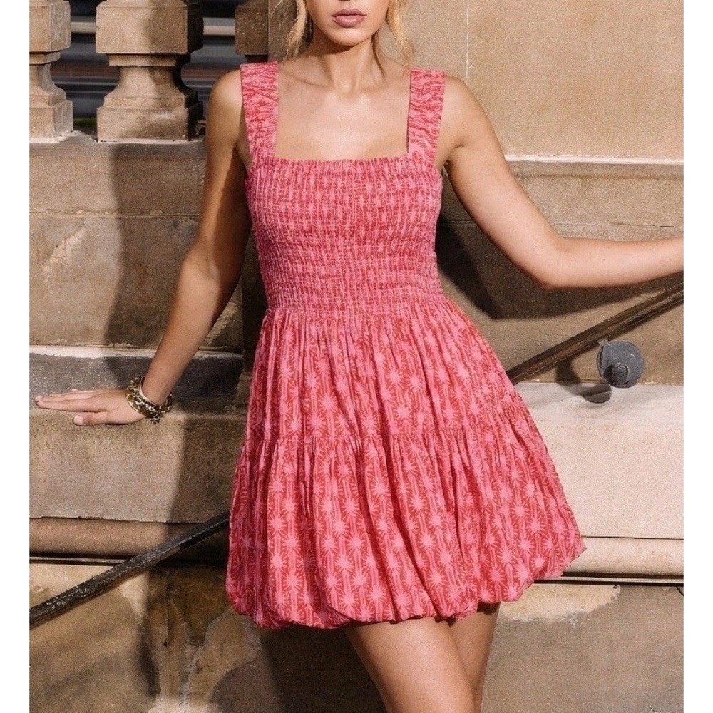 Free People Sweet Annie Mini Dress Medium Pink Floral Smocked Ruffle Feminine